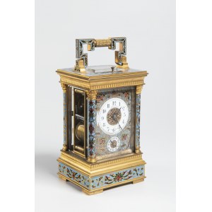 A French brass and champlevé enamel petite sonnerie carriage clock with alarm, A French brass and champlevé enamel petite sonnerie carriage clock with alarm