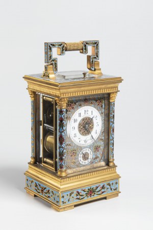 A French brass and champlevé enamel petite sonnerie carriage clock with alarm, A French brass and champlevé enamel petite sonnerie carriage clock with alarm