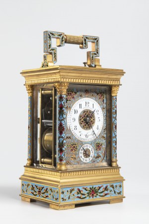 A French brass and champlevé enamel petite sonnerie carriage clock with alarm, A French brass and champlevé enamel petite sonnerie carriage clock with alarm