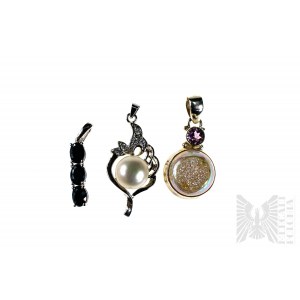 Set of Pendants with Natural Stones min: Sapphires, White Topaz and Amethyst and Natural Pearls, 925 Silver.