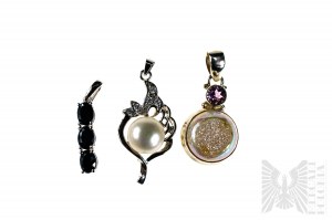 Set of Pendants with Natural Stones min: Sapphires, White Topaz and Amethyst and Natural Pearls, 925 Silver.