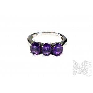 Ring with Natural 3 Amethysts with Total Weight of 3.33 ct, Silver 925, Has Gemporia Certificate