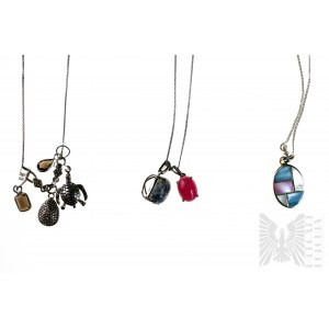 Set of 3 Pairs of Necklaces with Natural Stones, 925 Silver