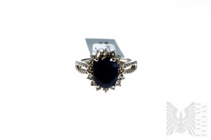 Ring with Natural Blue Sapphire with a Mass of 3.34 ct and 16 White Topazes with a Total Mass of 0.60 ct, 925 Silver, Certified by RocksTv