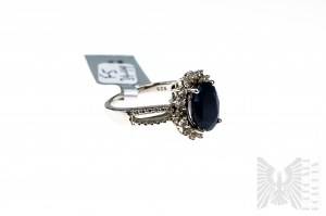 Ring with Natural Blue Sapphire with a Mass of 3.34 ct and 16 White Topazes with a Total Mass of 0.60 ct, 925 Silver, Certified by RocksTv