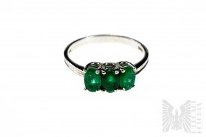 Ring with Natural 3 Bahla Emeralds with Total Weight of 1.21 ct, Silver 925, Has Gemporia Certificate