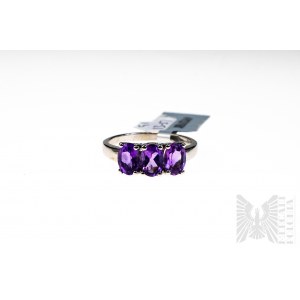 Ring with Natural 3 Zambian Amethysts with Total Weight of 2.11 ct, Silver 925, Has Gemporia Certificate