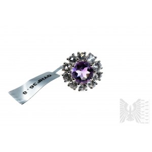 Ring with Natural Zambian Amethyst weighing 3.29 ct and 10 White Topazes with a Total Weight of 3.26 ct, 925 Silver, Certified by RocksTv