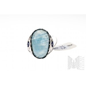 Ring with Natural Aquamarine with Mass of 10.45 ct and 2 Iolites with Total Mass of 0.30 ct, Silver 925, Has Gemporia Certificate