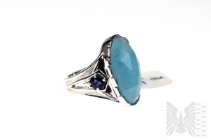 Ring with Natural Aquamarine with Mass of 10.45 ct and 2 Iolites with Total Mass of 0.30 ct, Silver 925, Has Gemporia Certificate