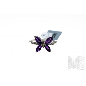 Butterfly Shaped Ring with Natural 4 Amethysts with a Total Weight of 1.18 ct and 10 White Topazes with a Total Weight of 0.10 ct, 925 Silver, Certified by Gemporia