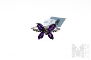 Butterfly Shaped Ring with Natural 4 Amethysts with a Total Weight of 1.18 ct and 10 White Topazes with a Total Weight of 0.10 ct, 925 Silver, Certified by Gemporia