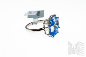 Ring with Natural 4 Azurite Topazes with Total Weight of 5.06 ct and White Topazes with Total Weight of 0.07 ct, 925 Silver, Certified by RocksTv
