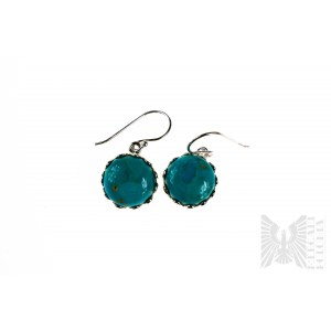 Earrings with Natural 2 Turquoises with Total Weight of 15.00 ct, Silver 925, Has Gemporia Certificate
