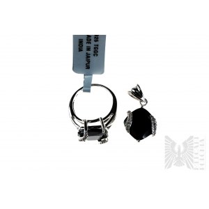 Pendant and Ring Set with Natural 2 Black Spinels with a Total Weight of 15.16 ct and 28 White Topazes with a Total Weight of 0.16 ct, 925 Silver, Certified by Gemporia