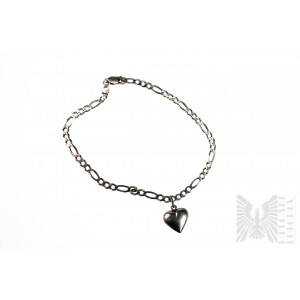 Ankle Bracelet with Charms in Heart Form, Figaro Braid, 925 Silver