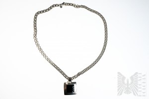 Quadratische Designer-Halskette mit schwarzer Onyxplatte, breite Kette, doppelte Panzerlitze, 925 Silber, gestempelt in Danzig nach 1986
