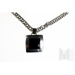 Designer Square Necklace with Black Onyx Plate, Wide Chain, Double Armor Braid, 925 Silver, appraised in Gdansk after 1986.