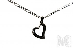 Heart Necklace Decorated with White Zircons, Figaro Braid, 925 Silver