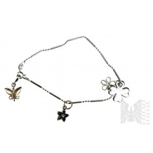 Bracelet with Four Floral Charms, Ball Braid, 925 Silver