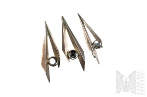 Designer V-Shaped Set with Transparent Eyelet consisting of Brooch and Earrings, 925 Silver