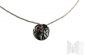 Round Necklace with Decorative Designs and Pink Zirconia, Cord Braid, 925 Silver