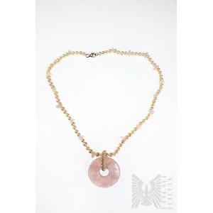 Collier de perles de culture d'eau douce ornées de quartz rose, 45 cm, fermoir en argent 925