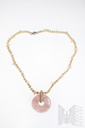 Necklace of Cultured Freshwater Pearls decorated with Pink Quartz, 45 cm, Clasp Silver 925