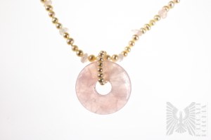 Collana di perle d'acqua dolce coltivate e decorate con quarzo rosa, 45 cm, chiusura in argento 925