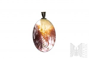 Natural Shell Pendant with Lizard Image, 925 Silver