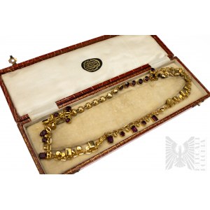 Sada náhrdelníku a náramku s imitací granátů a rubínů, silná pozlacená mosaz, s originální zlatnickou krabičkou J.M.Ward