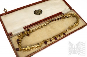 Súprava náhrdelníka a náramku s imitáciou granátov a rubínov, hrubá pozlátená mosadz, s originálnou zlatníckou krabičkou J.M.Ward