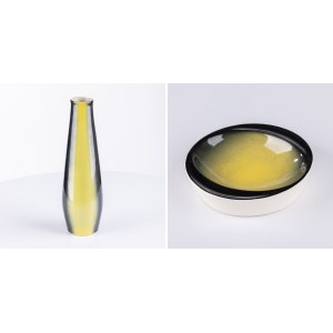 Mirostowickie Zakłady Ceramiczne, form design by Józef Wrzesień, Ashtray Oko and Vase N005 - yellow and black, 1960s.