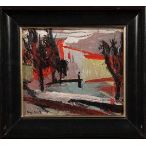 Fleck Wojciech, Rote Landschaft mit Silhouette einer Frau