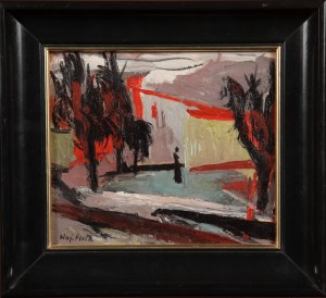 Fleck Wojciech, Rote Landschaft mit Silhouette einer Frau