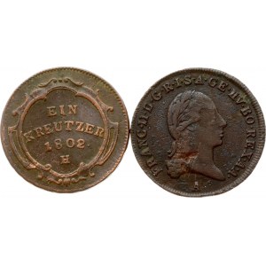 Rakúsko 1 Kreuzer 1800 A &amp; Ďalšie Rakúsko 1 Kreutzer 1802 H Sada 2 mincí