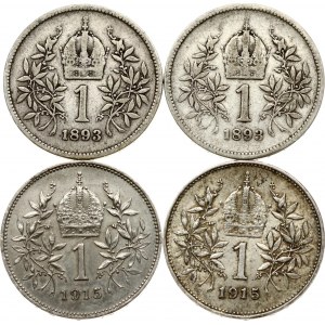 Autriche 1 Corona 1893 &amp; 1915 Lot de 4 pièces