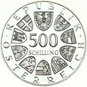 Rakúsko 500 šilingov 1986 500. výročie vyrazenia prvej mince v halovej mincovni