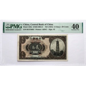 Čína 20 centov ND (1924) PMG 40 Extrémne jemná