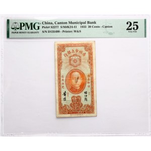 Čína 20 centů 1933 PMG 25 Velmi jemné