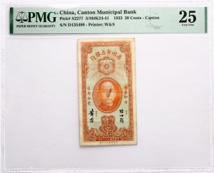 Čína 20 centů 1933 PMG 25 Velmi jemné