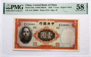 Cina 1 Yuan 1936 PMG 58 Choice Circa Unc