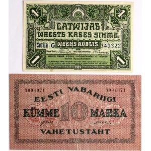 Estonie 10 Marka 1922 &amp; Lettonie 1 Rublis 1919 Lot de 2 pièces