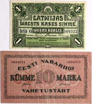 Estonia 10 Marka 1922 i Łotwa 1 Rublis 1919 Partia 2 szt.