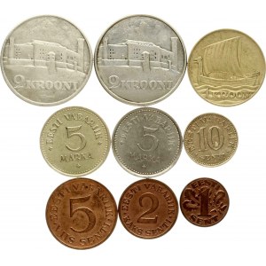 Estland. 1-50 Senti &amp; 5 Marka &amp; 1-2 Krooni (1922-1939) Lot von 9 Münzen