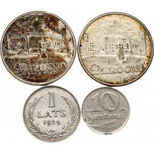 2 Krooni 1930 &amp; 10 Santimu 1922 &amp; 1 Lats 1924 Lot de 4 pièces