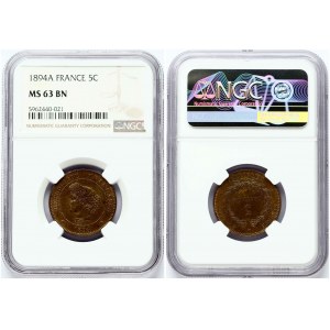 5 Centimes 1894 A NGC MS 63 BN ONLY 3 COINS IN HIGHER GRADE