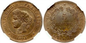 5 Centimes 1894 A NGC MS 63 BN ONLY 3 COINS IN HIGHER GRADE