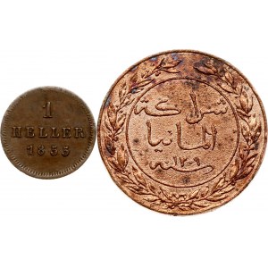 Niemcy Bawaria 1 Heller 1855 i Niemiecka Afryka Wschodnia Pesa 1309 (1892) Zestaw 2 monet