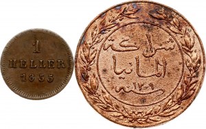 Německo Bavorsko 1 Heller 1855 & Německá východní Afrika Pesa 1309 (1892) Sada 2 mincí